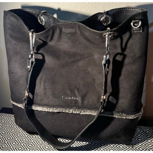 Calvin Klein Black leather & Suede w/ Grey Soft Fringe Reversible Tote Purse - Picture 9 of 9